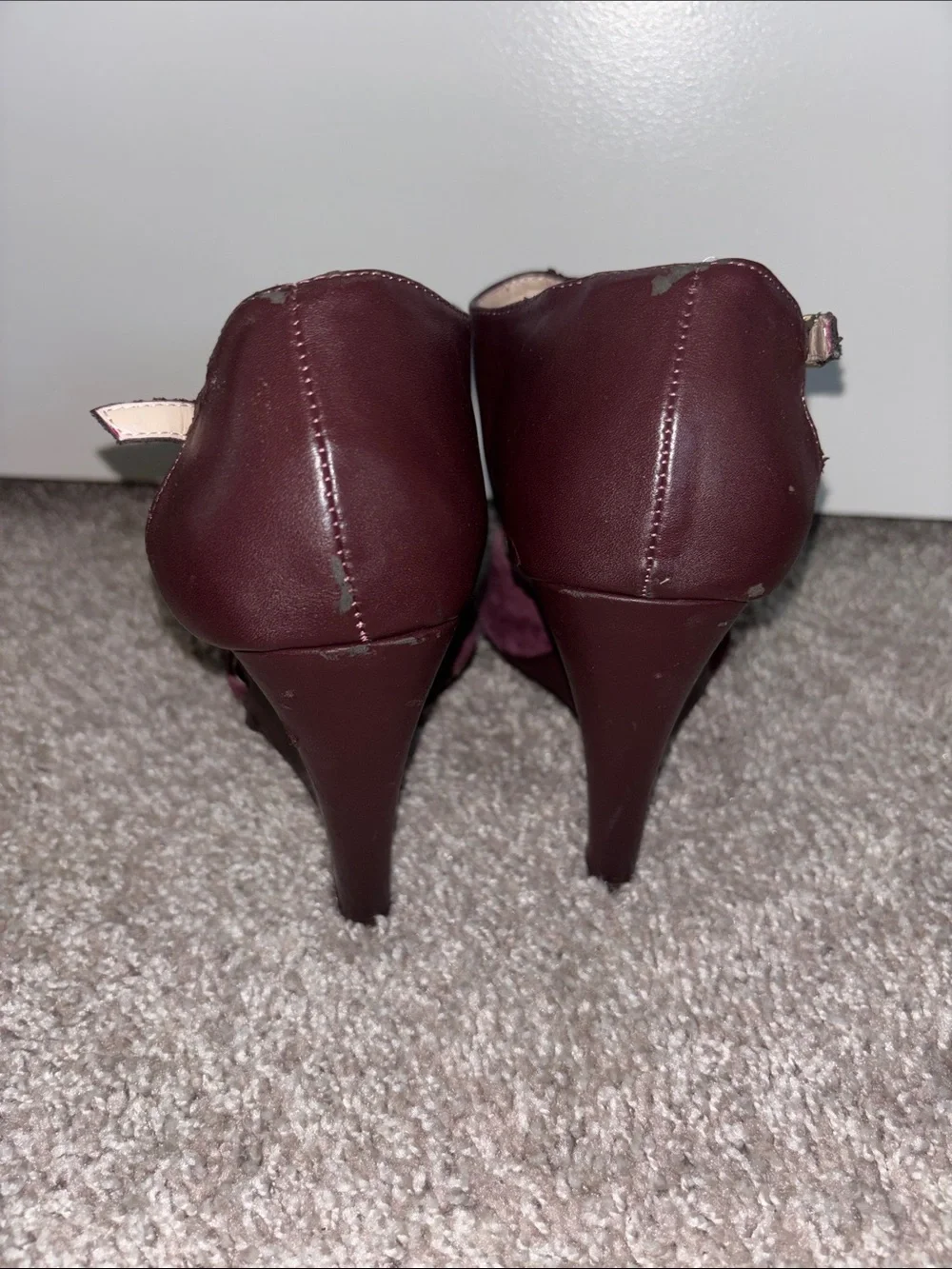 Victoria's Secret Suede Open-Toe Ankle-Strap Heels in Purple with Gold Accent